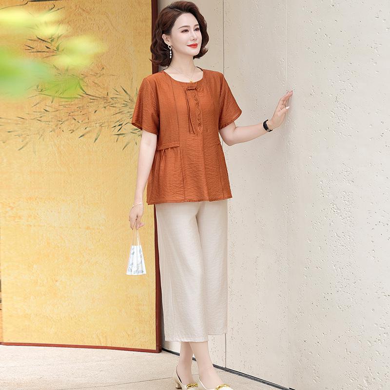 

2026 New National Style Cotton Linen Two-Piece Set for Middle-Aged & Elderly Women - Summer Short-Sleeved T-shirt 4XL (135-150 Jin) brick червоний колір