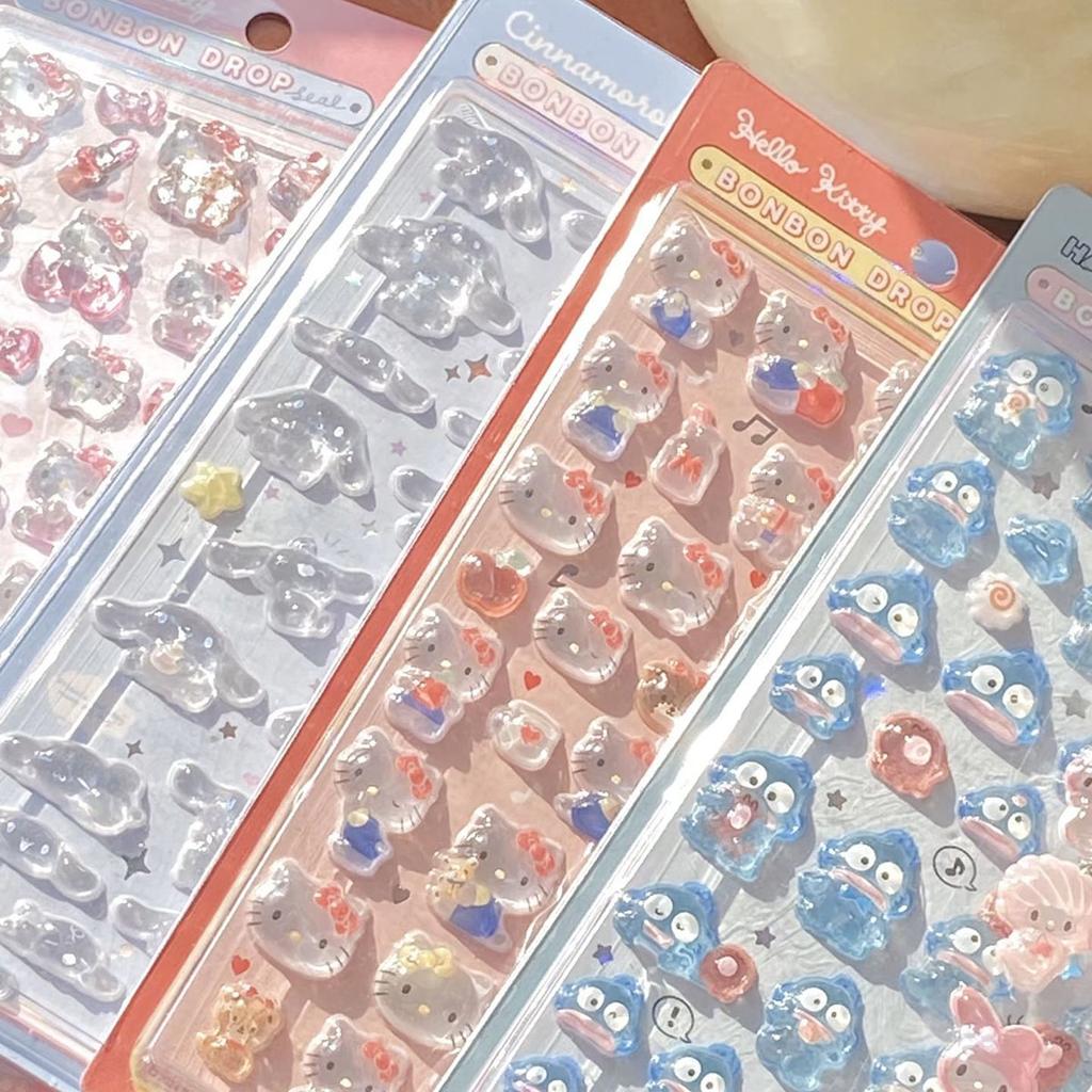 Sanrio Anime Hello Kitty Hangyodon 3D Hollow Relief Transparent Jelly Sticker Crystal Decorative Stickers DIY Accessories