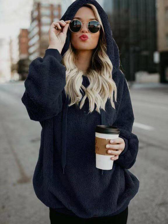 2023 Plus Size Women's Autumn & Winter Loose Hooded Solid Sweatshirt