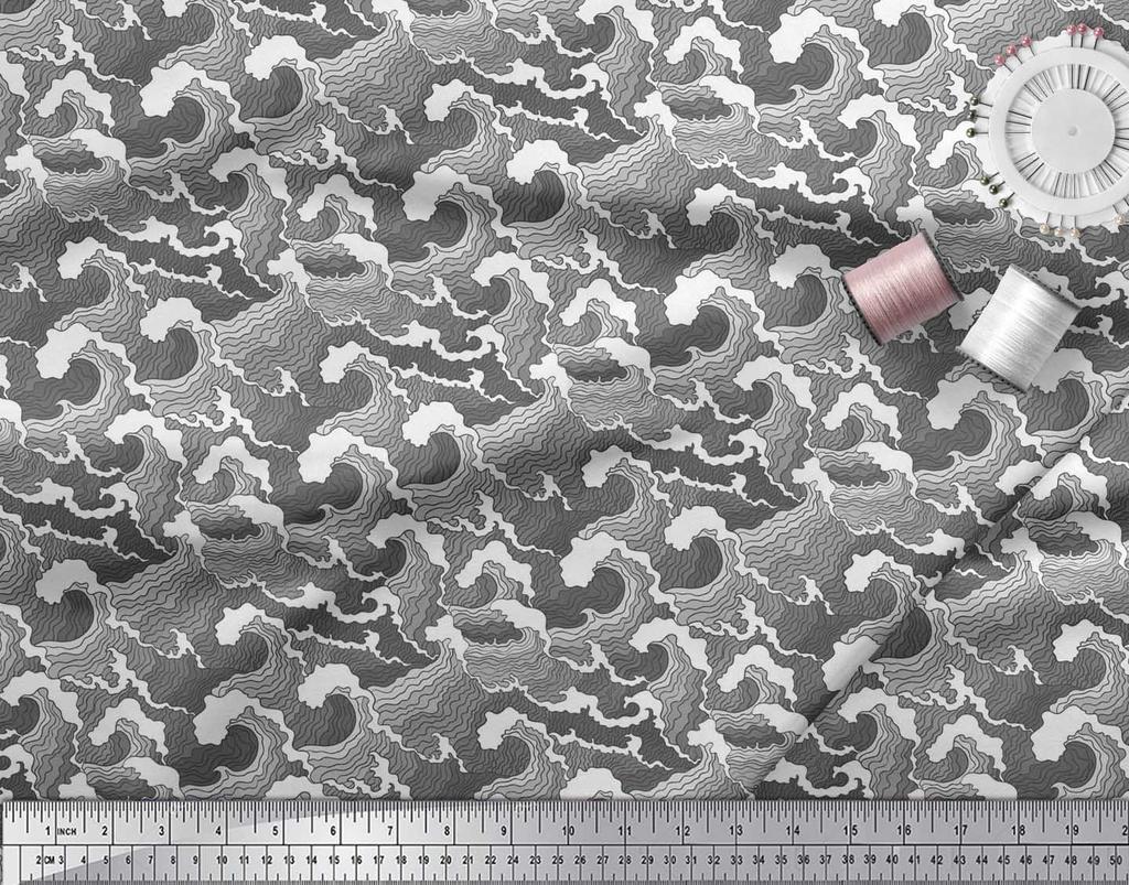 Soimoi Japan Crepe Satin Fabric Waves Shirting Decor Fabric Printed Metre 42 Inch