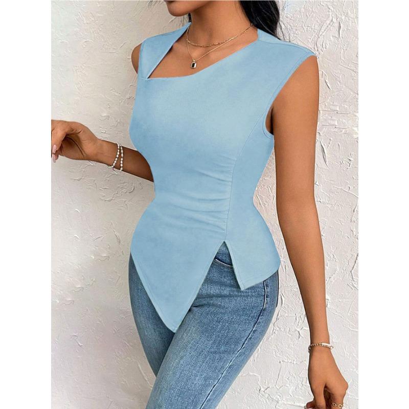 Women's Elegant Style T-shirt Spring and Summer New Slope Collar Slim Short Solid Color Top