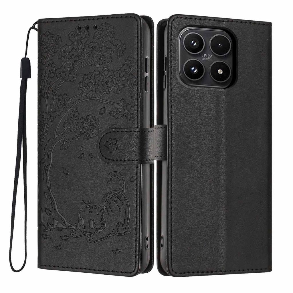 For Xiaomi 17 Stand Case Tree-and-Cat Pattern PU Leather Wallet Protective Phone Cover with Wrist Strap