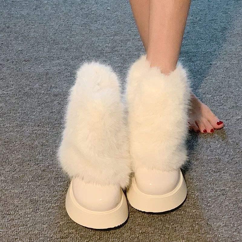 Dámské fleecem podšité boty na silné podrážce s kožíškem - Kolekce Podzim/Zima 2025, Módní sněhule ve stylu Little Fragrance.