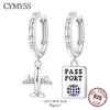 Original S925 Sterling Silver Travel Life Elements Airplane Passport Earrings for Women's Fashion Party Jewelry Gift Ear Loops