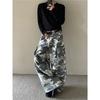 American Heavy Splicing Camouflage Tooling Jeans Men and Women Couples Big Pockets Loose Scimitar Wide Legs Straight Trousers