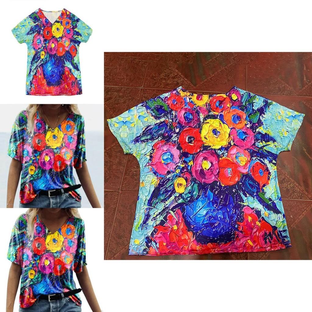 Summer Casual T Shirt With Floral Print And V Neck For Women
