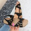 Fashion Retro Buckle Strap Cork Sandals Women 2025 Summer Cross Strap Flat Sandals Woman Brand Design Comfortable Non Slip Beach Shoes