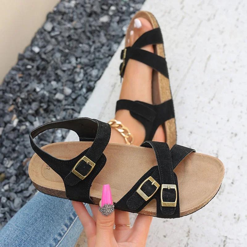 Fashion Retro Buckle Strap Cork Sandals Women 2025 Summer Cross Strap Flat Sandals Woman Brand Design Comfortable Non Slip Beach Shoes