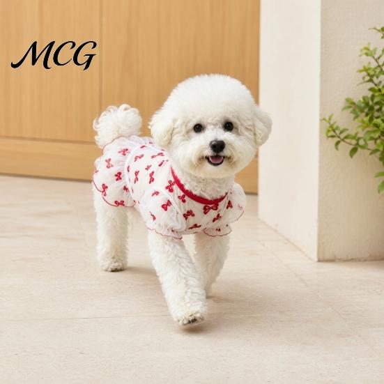 Bow Pattern Pet Dress Sheer Mesh Dog Dress, Ruffled Cute Bowknot Loose Puff Sleeve Sleeve, Breathable Summer Outfit for Small Dogs