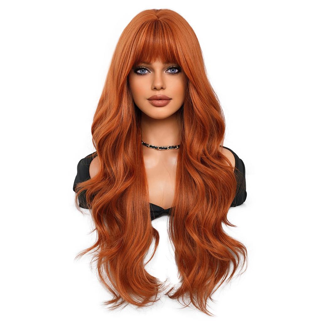 New Ladies Wig Simulation Wig 70cm Hair Orange Wig Long Curly Wig Full Headgear Rose Hair Net Headdress Beauty Decoration Wig