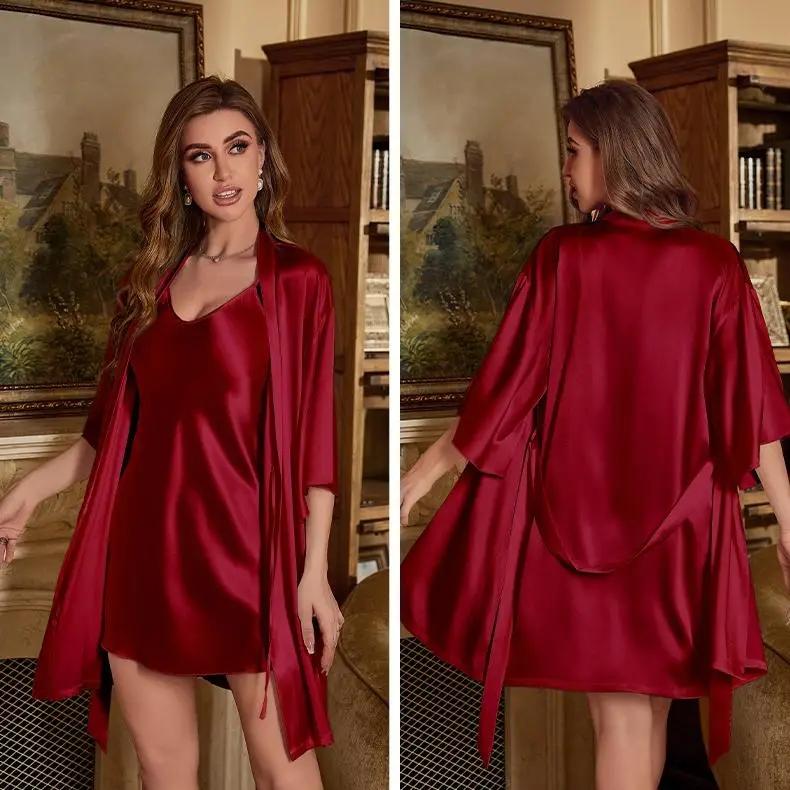 2PC Suit Women Rayon Bathrobe Gown Sleep Set Summer Homewear Sleepdress Casual Kimono Sleepwear Nightgown