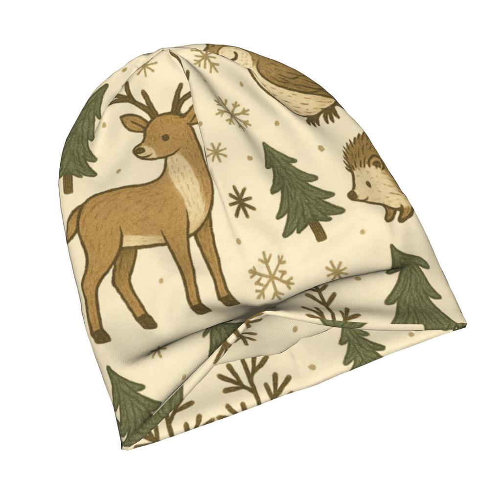 Woodland Winter Animals Cozy Forest Pattern with Deer, Owl & Hedgehog Classic Knit Hat for Adults Available In Versatile Tones Ideal for Subtle Stylin