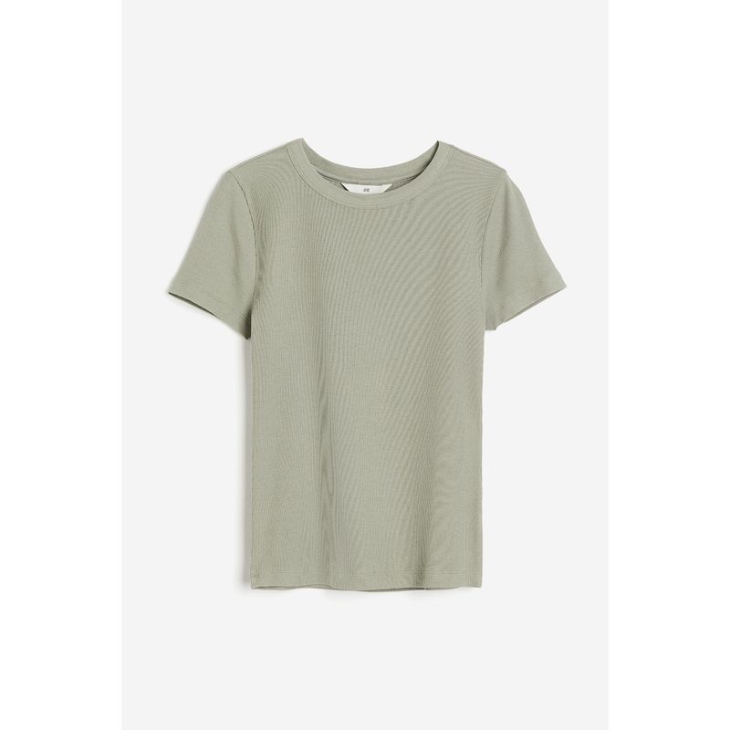 

HM Women s T-shirt Autumn Soft Plaid Silm Casual Straight round Neck Short Sleeve Tops 1157799 Light khaki green 155/80A(XS)