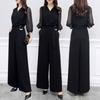 Spring Summer High-waist Jumpsuit Black Quarter-sleeved Slim Temperament Wide-leg Jumpsuit Set for Women