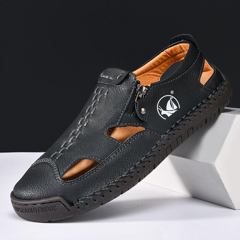 Men s Flat Bottom Leather Sandals Summer New Style Casual Soft Bottom Anti-Slip Beach Shoes Breathable Trendy Roman Sandals 38