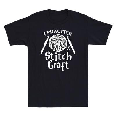 I Practice Stitch Craft Yarn Ball Crochet Vintage Men's T-Shirt Cotton Black Tee Unisex T-Shirt