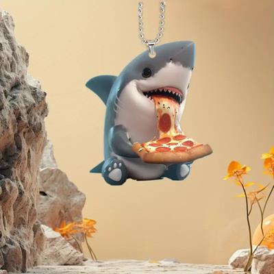Rekin jedzący pizzę akrylowy brelok do kluczy lusterko wsteczne wiszący ornament dekoracja z rekinem z kreskówek