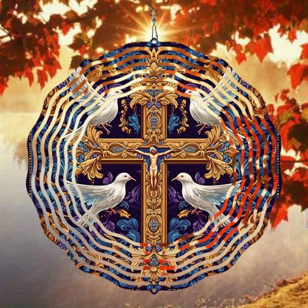 Large 2D Metal Wind Spinner with Pigeon Cross Design Infinity Rotation Outdoor Decor for Garden Yard Kinetic Energy Wind Chime