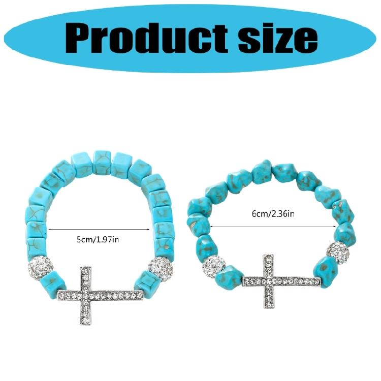 Turquoise Stone Crosses Stretch Bracelet Metal Beaded Elastic Jewelry Portable for Daily or Special Event
