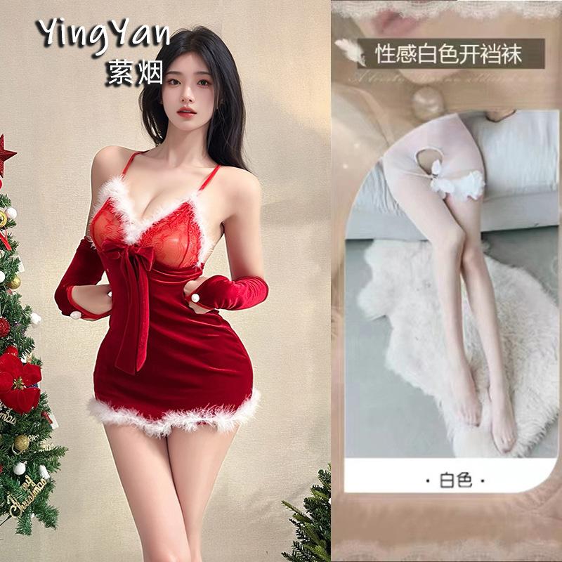 Erotic underwear women's sexy plush suspender nightdress short skirt Christmas dress battle robe passion free uniform suit