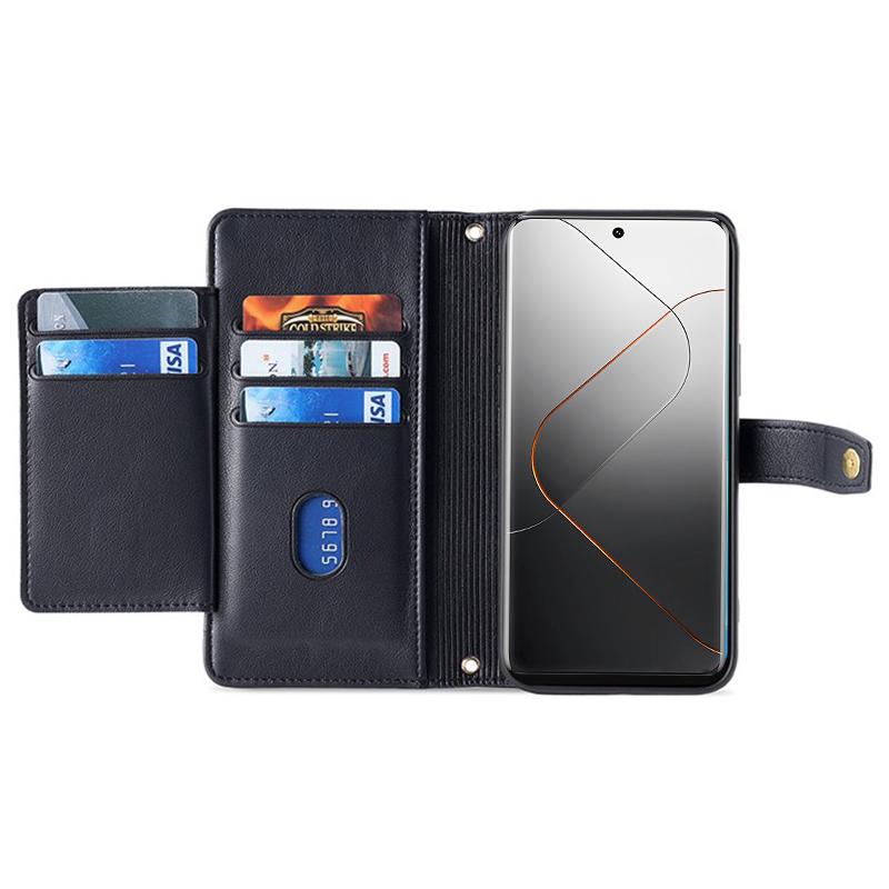 

For Xiaomi 14 Case Card Slots Zipper Wallet Leather Cover with 2 Straps Black