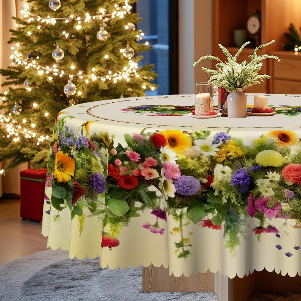 Pastoral Round/Rectangular Dining Table Cloth, Beige Colorful Flower Pattern, Dining Table Decorative Cloth, Natural Atmosphere