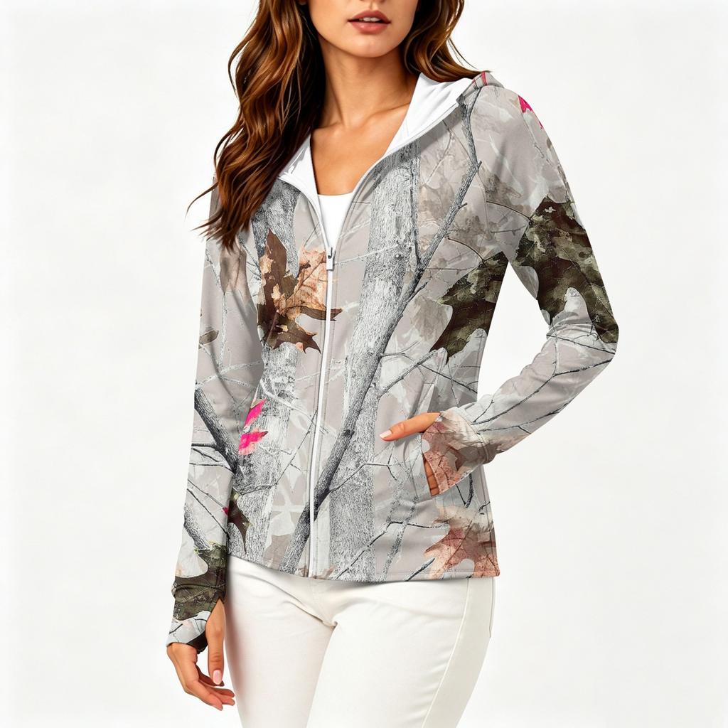 Women Lightweight Zip Up Hooded Jacket with Pockets Long Sleeve Sun Protection Printed Outdoor Activewear