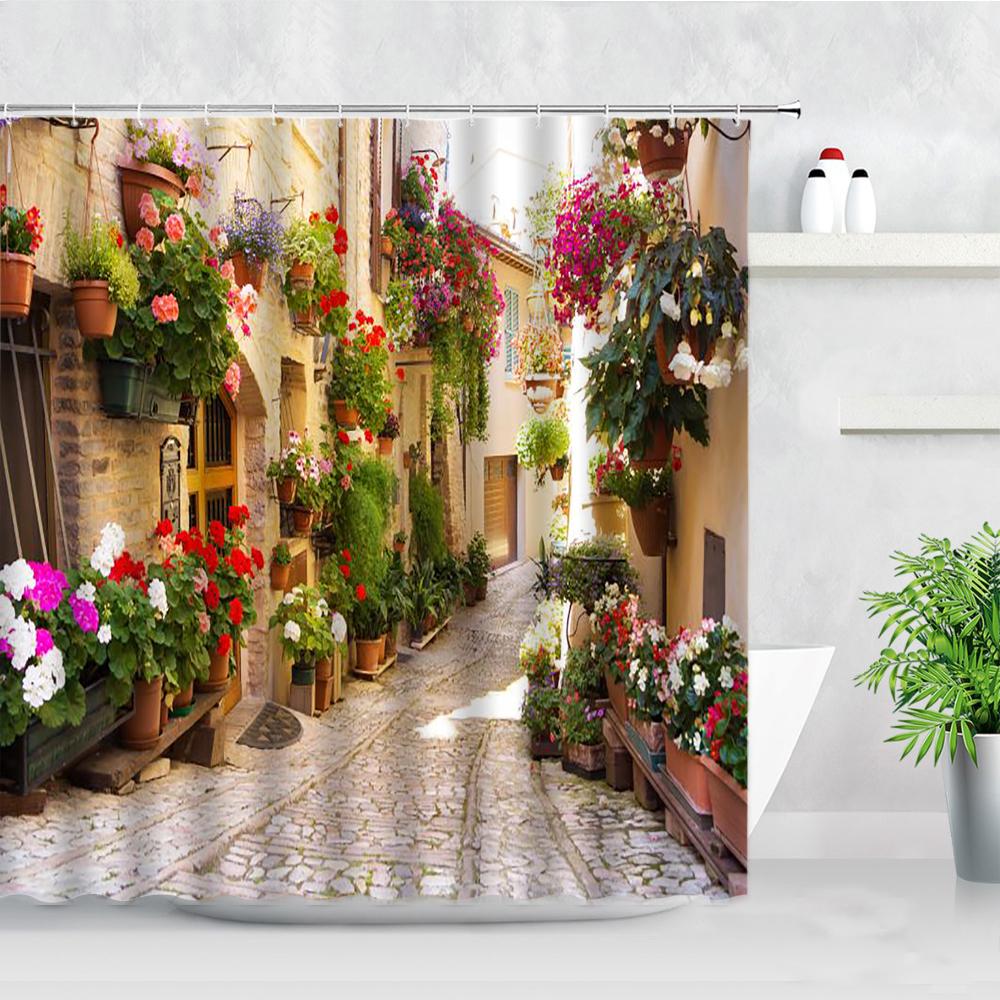 Fleurs Rouges Porte Grecque Bleue Avec Vue Sur Mer Sur Île Rideaux de Douche Tissu Imperméable Ensemble de Rideaux de Salle de Bain Décoration de Baignoire pour la Maison