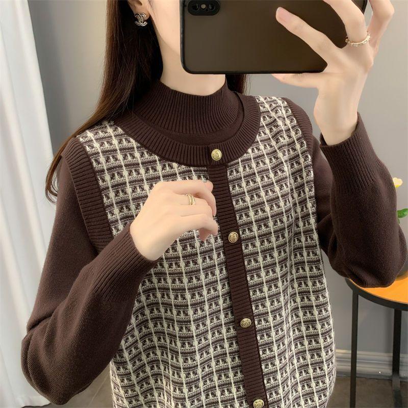 Sweater for Women Autumn Winter Thickened Warm Knitted Faux Two-Piece Knit Top Stretchy Long Sleeve Oversize Long-neck Tops