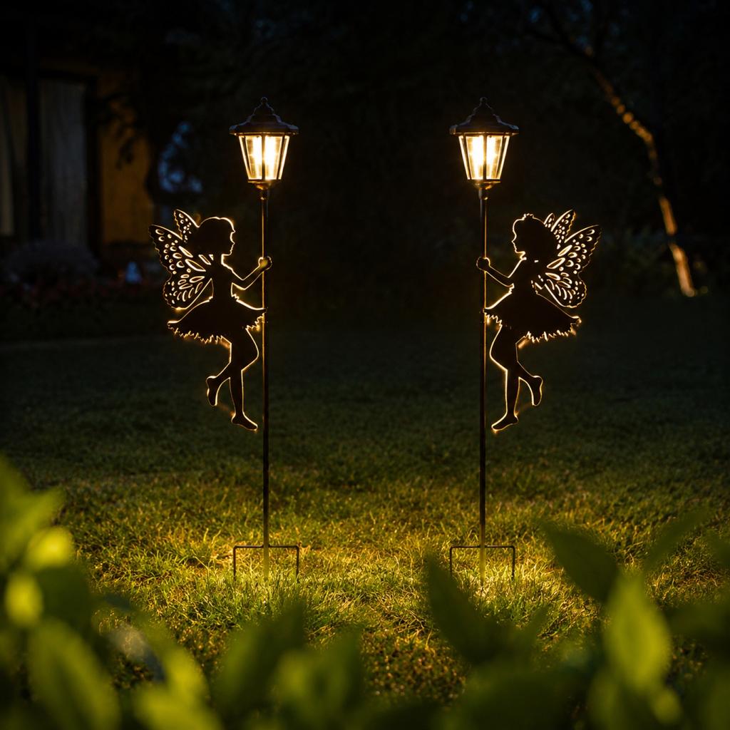 Solar Powered Fairy Silhouette Garden Stake Lights Set of 2 Outdoor Decorative Hexagonal Lamp Posts for Yard Pathway Lawn Lighting