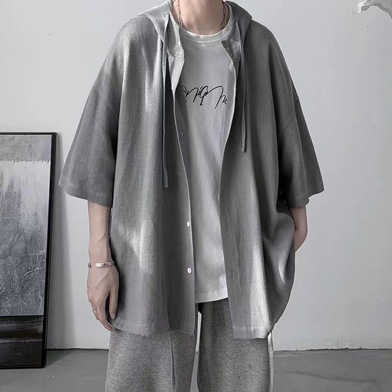 Summer Vintage Oversized Harajuku Shirt Men Casual Loose Hooded Blouse All Match Fashion Streetwear Male Clothes