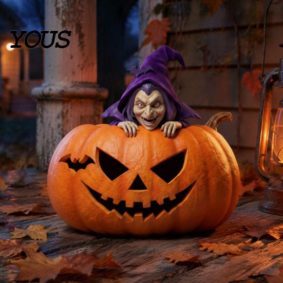 Halloween Desktop Decor Resin Pumpkin Witch Figurine, Spooky Bat Detailed Tabletop Decor, Stable Hand Carved Base Mini Statue for Window Showcase Home