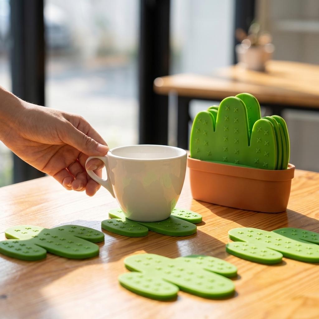Set of 6 Creative Cactus Shaped Coasters with Pot Holder Soft Silicone Material Non-Slip Base Durable and Heat Resistant for Home and Office Use