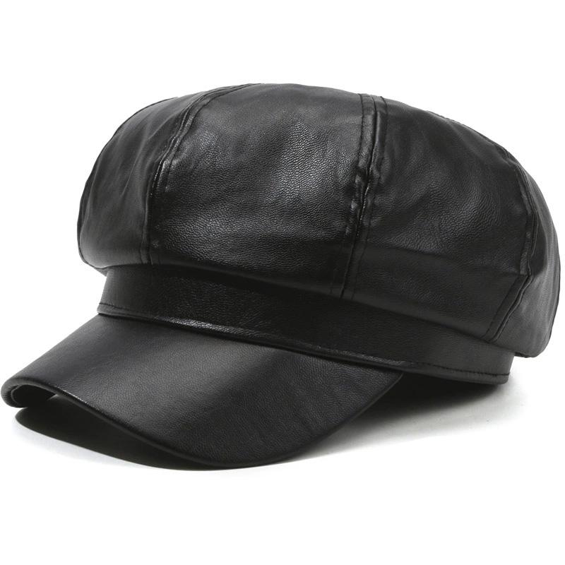 1PC PU Leather Winter Fall Peaked Caps Adjustable Painter Hat New Berets Women Hat Solid Color Beret Octagon Slimming Face