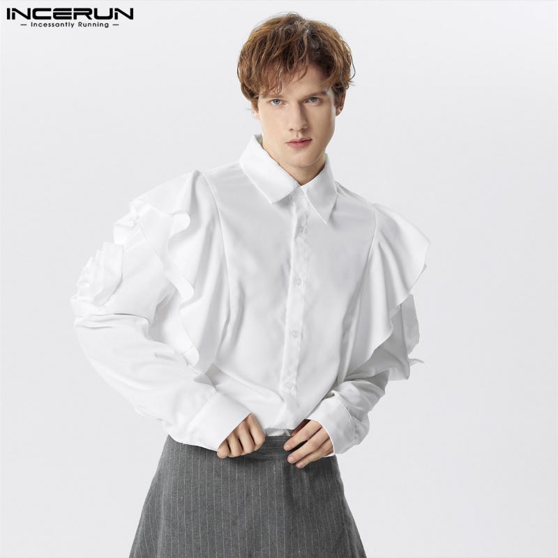 

INCERUN Мужские однотонные рубашки для вечеринок с длинными рукавами и рюшами S чёрный