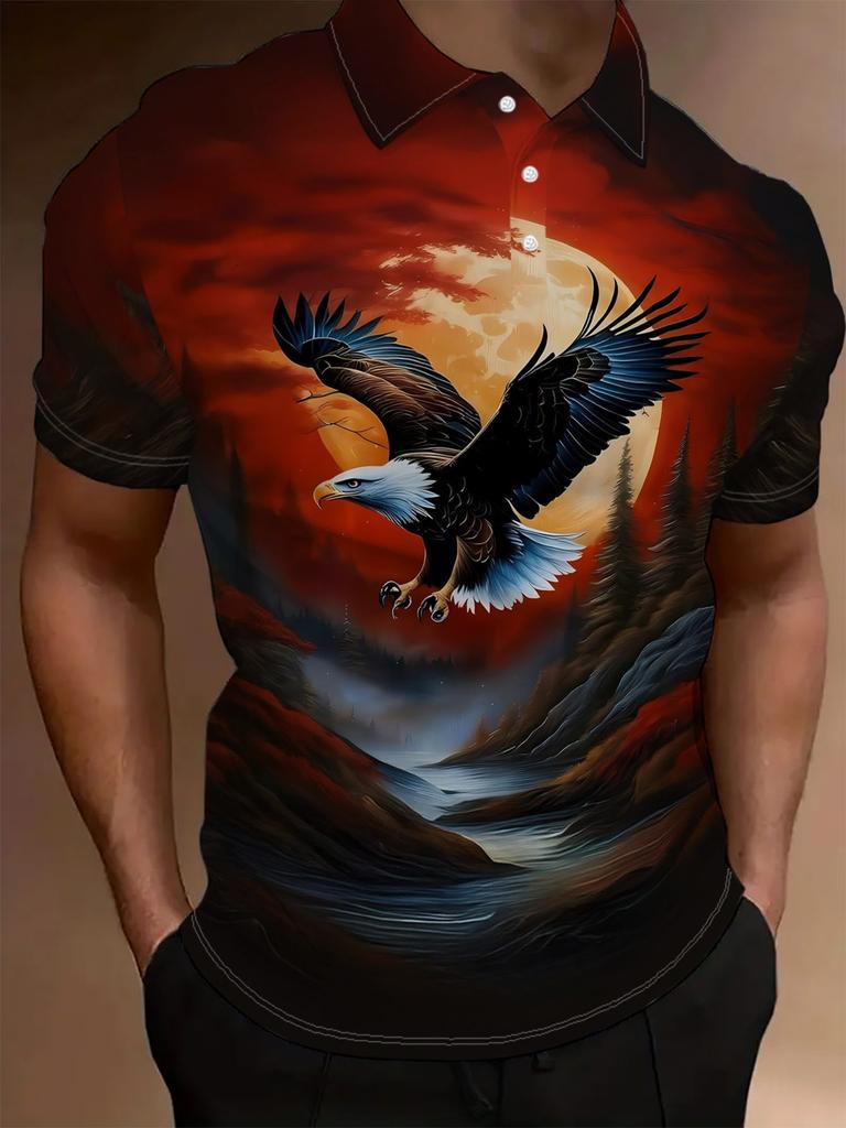 Men's Short-Sleeve Polo Shirt with Full-Body Eagle Print Lapel Collar - Button-Front Closure, Minimalist Texture-Free Suitable for Dates, Beach