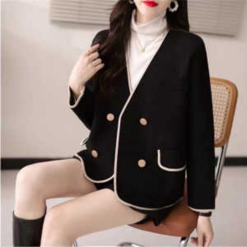 

2025 Новое осенне-зимнее шерстяное пальто короткое модное высококлассное свободное на пуговицах однотонное с длинными рукавами XXXL чёрный