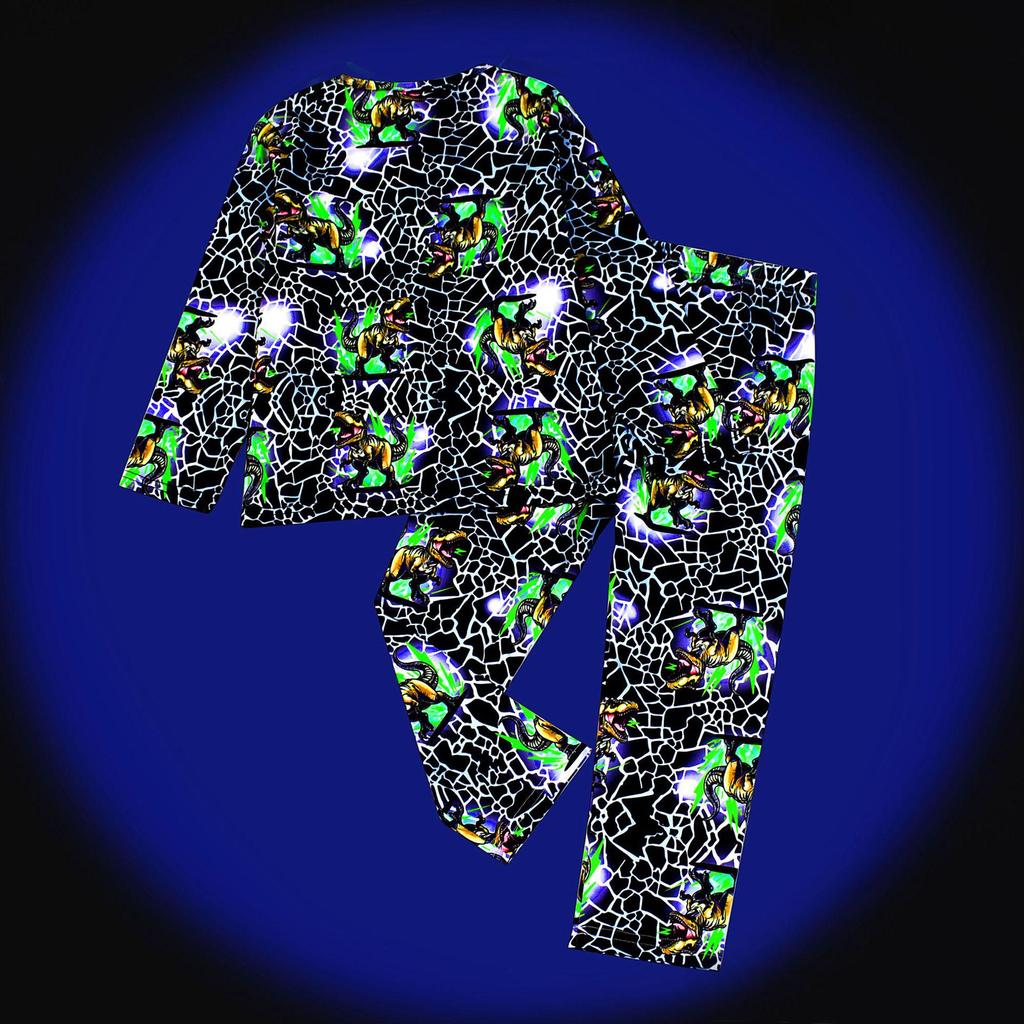 Ψηφιακό Πράσινο Φθορίζον Πυτζαμοσετ Δεινόσαυρος Αυτοκίνητο για Αγόρια και Κορίτσια - Μακρυμάνικο & Παντελόνι