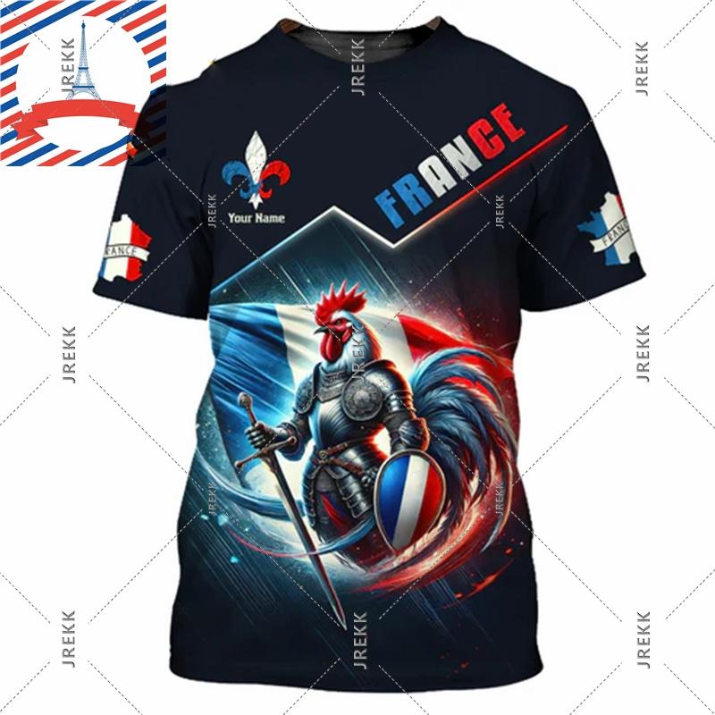 Französisches Flag Football T-Shirt für Herren 3D-Druck Hahn Rundhals-T-Shirts Benutzerdefinierter Name Streetwear Sommer Mode Trend Tee