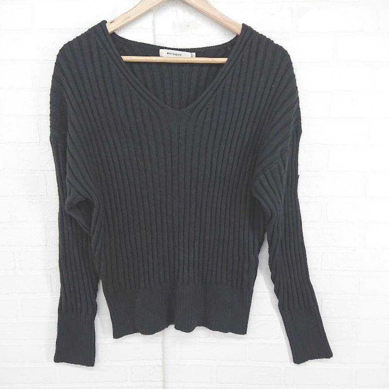 MOUSSY V-neck wool simple long sleeve knit sweater size F black ladies E [Used]