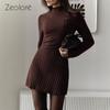 Qooth Elegant Thin Full Sleeve Knitting High Collar Knitting Bottoming Shirt A Line Short Skirt QT2768