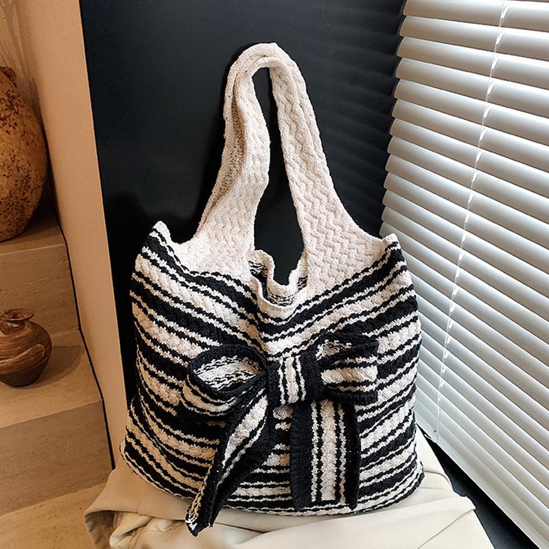 Nova Bolsa de Crochê Listrada com Laço Grande Capacidade Casual Bolsa de Ombro Tecida Multicolorida Bolsa de Tricô Feita à Mão