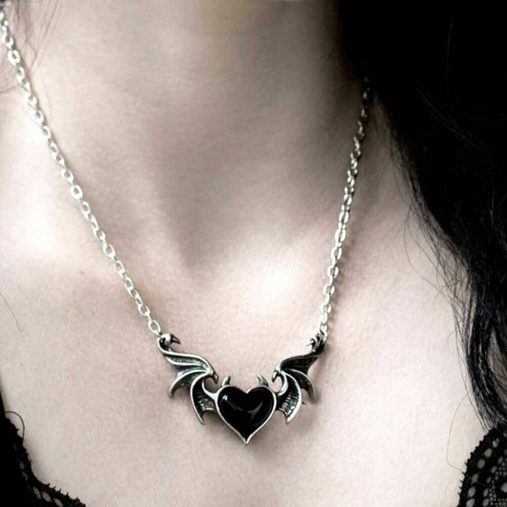 Devil Heart Pendant Necklace with Wings and Drip Oil Finish
