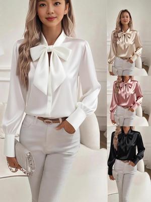 2025 European & American Autumn Bow Satin Women's Long-Sleeve Shirt