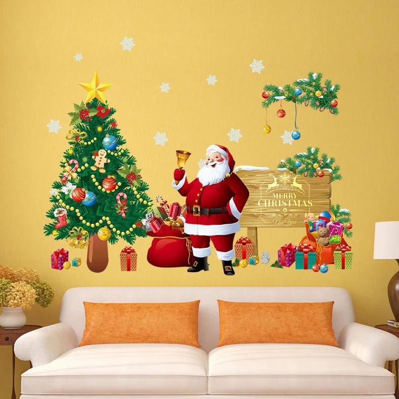Christmas Tree Wall Stickers with Bedroom Decorations Decals Santa Claus Home Decor Accessories Can Remove Window Posters