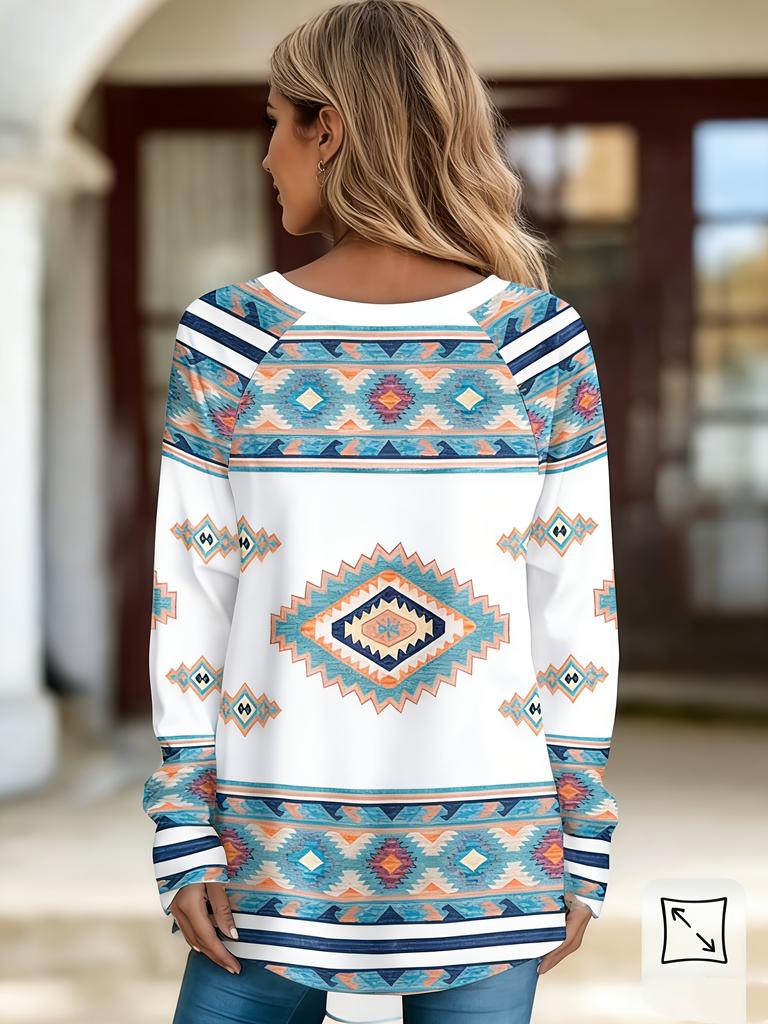 Women's Southwest Style Geometric Print Long Sleeve Top - Stretch Crew Neck Casual Shirt