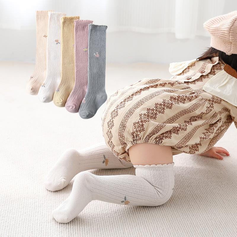 Spring Summer Thin Baby Girl Long Socks Soft Cotton Breathable Stockings Flower Print Anti Slip Floor Sox Knee Protection Sokken