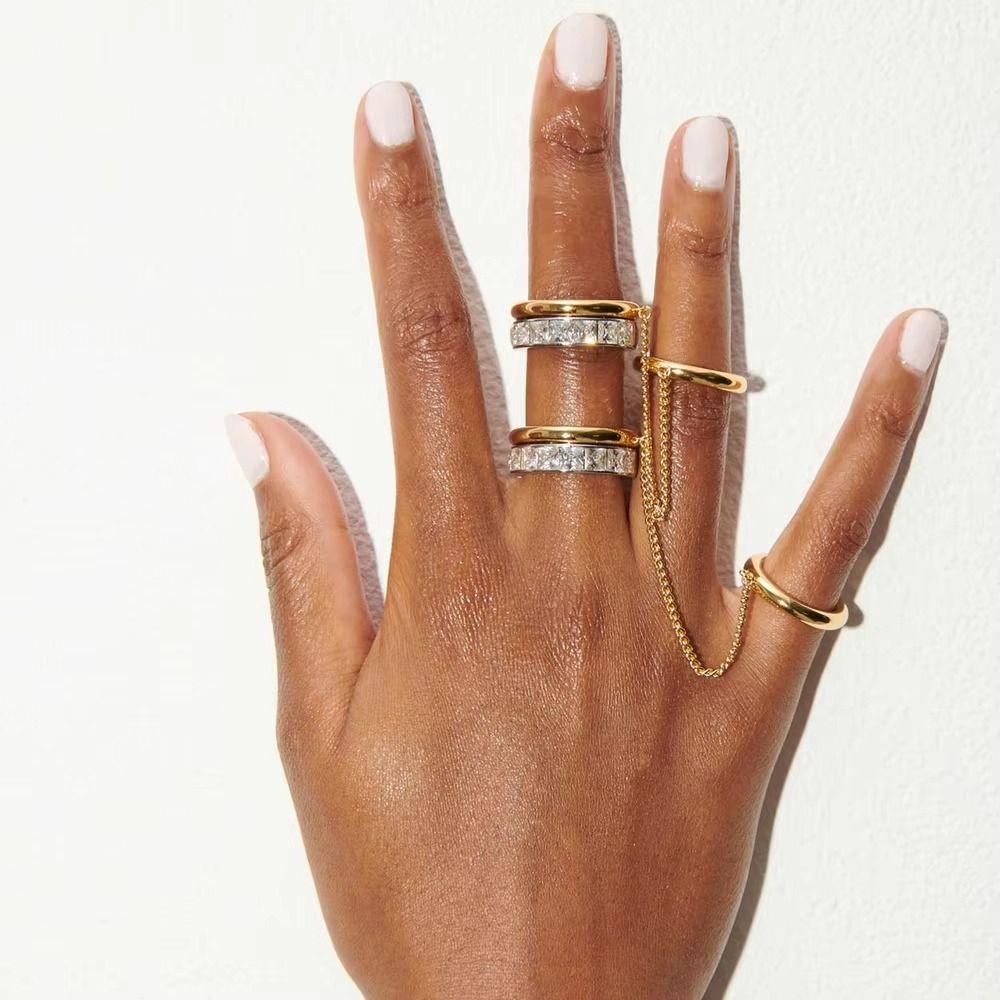 Zircon Chain Ring 18K Gold Silver Hip Hop Jewelry Trendy Tassel Metal Rings for Party Daily Wear