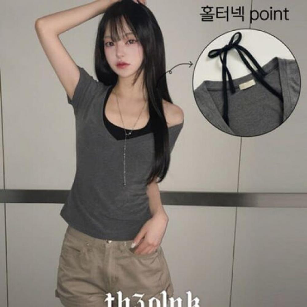 The Pink Women V Neck HalTer STrap Layered T shirT