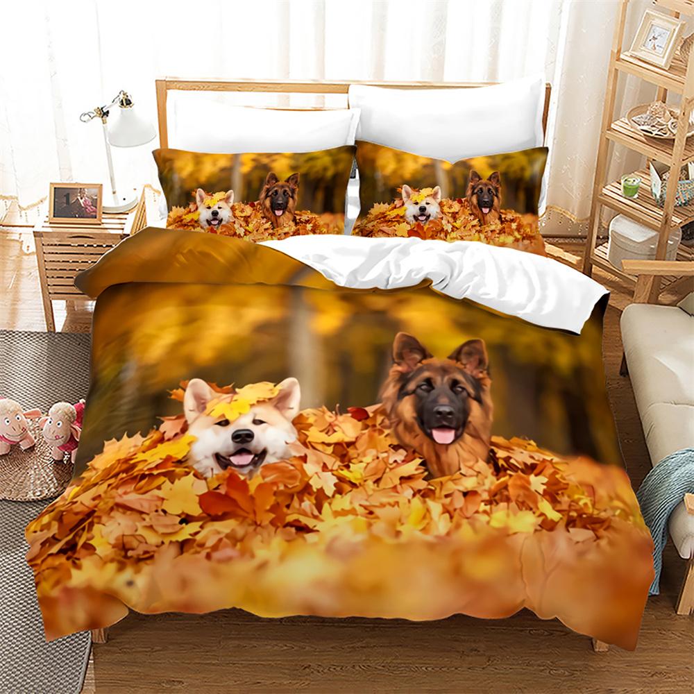 Suņu segas pārvalku komplekts 3D apdruka Zelta lapas Rudens King Queen Full izmērs Sega pārvalks Bērniem Zēniem Meitenēm Poliestera gultas veļas komplekts